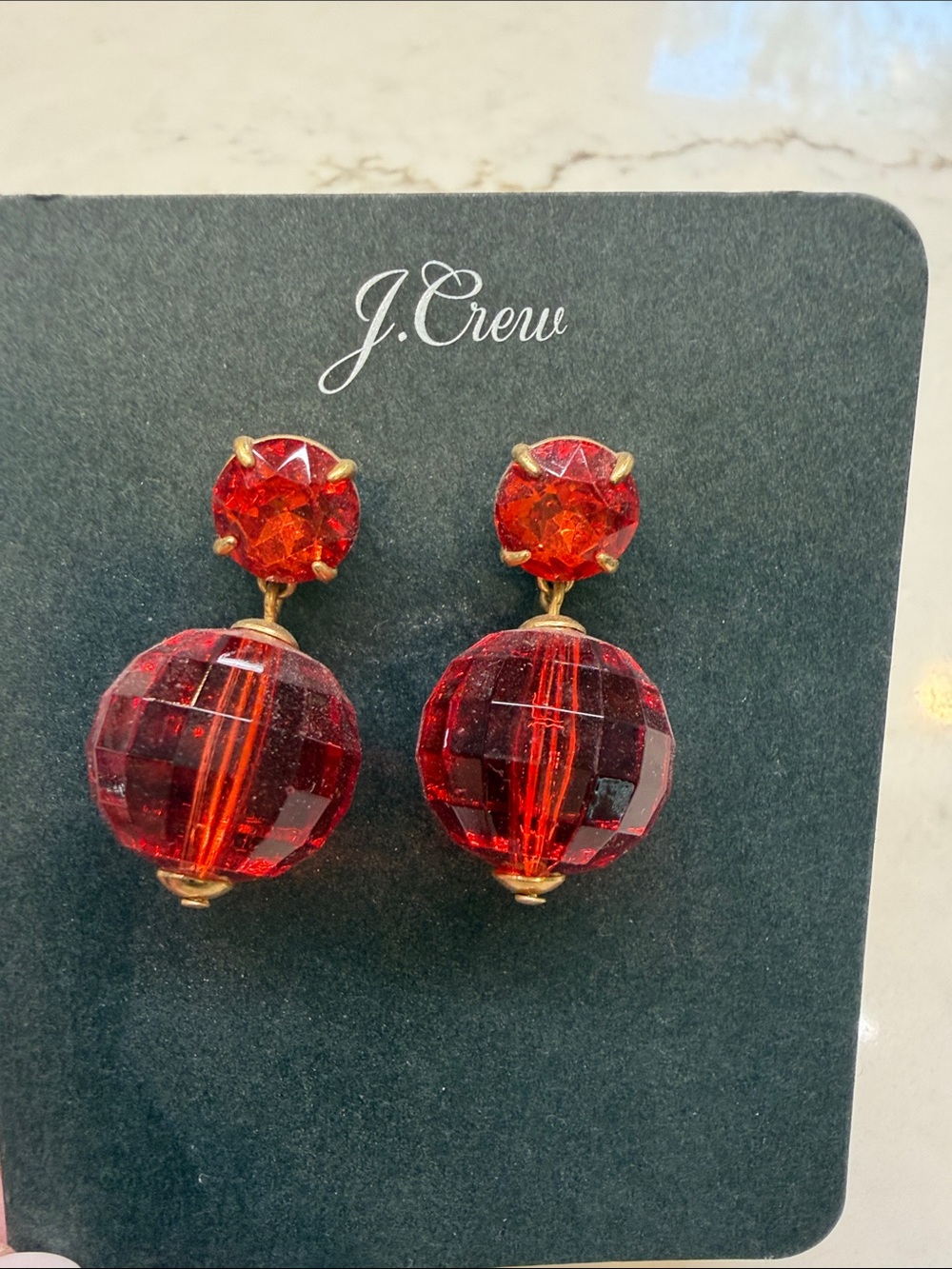 J. Crew Red Faceted Glass Drop Earrings with Gold-Tone Accents